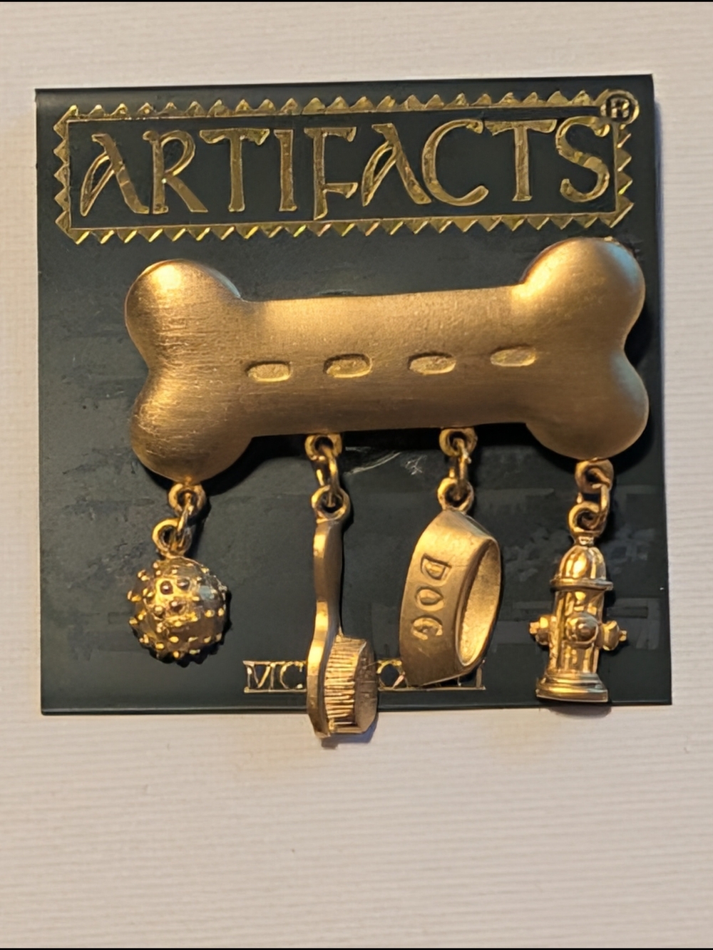 JJ Jonette Gold Dog Bone Charm Brooch